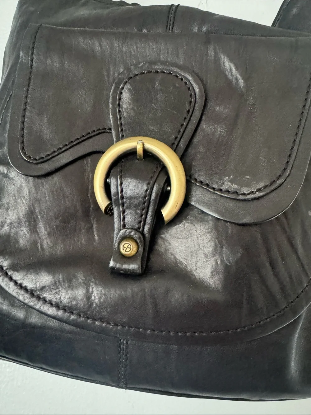 Francesco Biasia Black Leather Hobo Bag Ring Buckle Italian Designer Purse